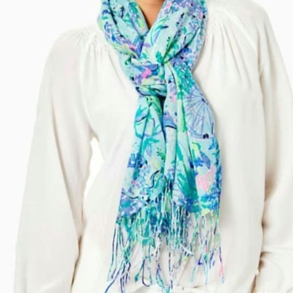 Lilly Pulitzer Retired Murfee Scarf Nantucket Islands Blue Print Silk Cashmere - Picture 3 of 13